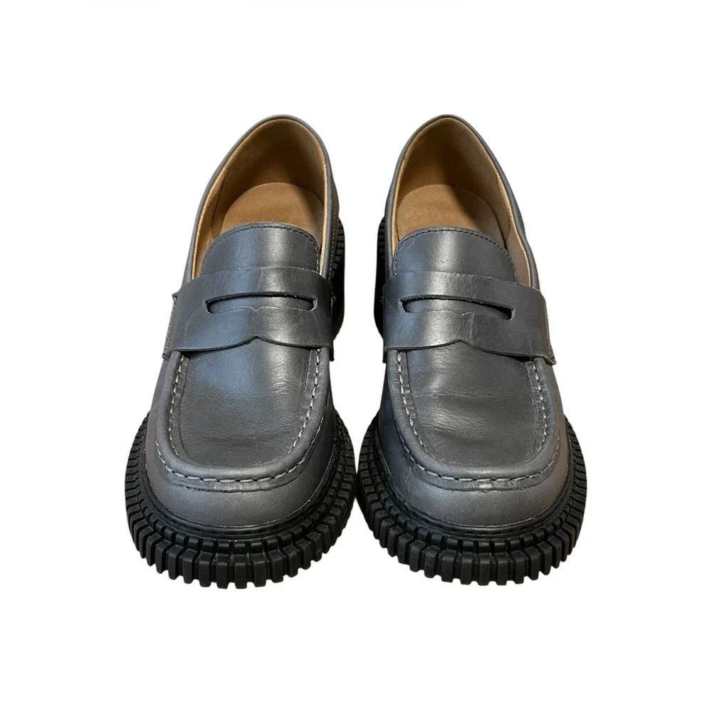 Camper Pix London Gray Leather Chunky Heel Loafers EU 40 US 9 $210